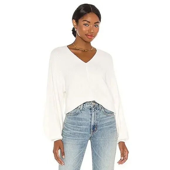 1 State V Neck Ribbed Knit Balloon Sleeve Pullover Sweater White Cream Large NWT - Picture 6 of 12